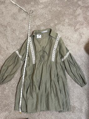 Zara Olive Lace-Trim Tiered Peasant Dress